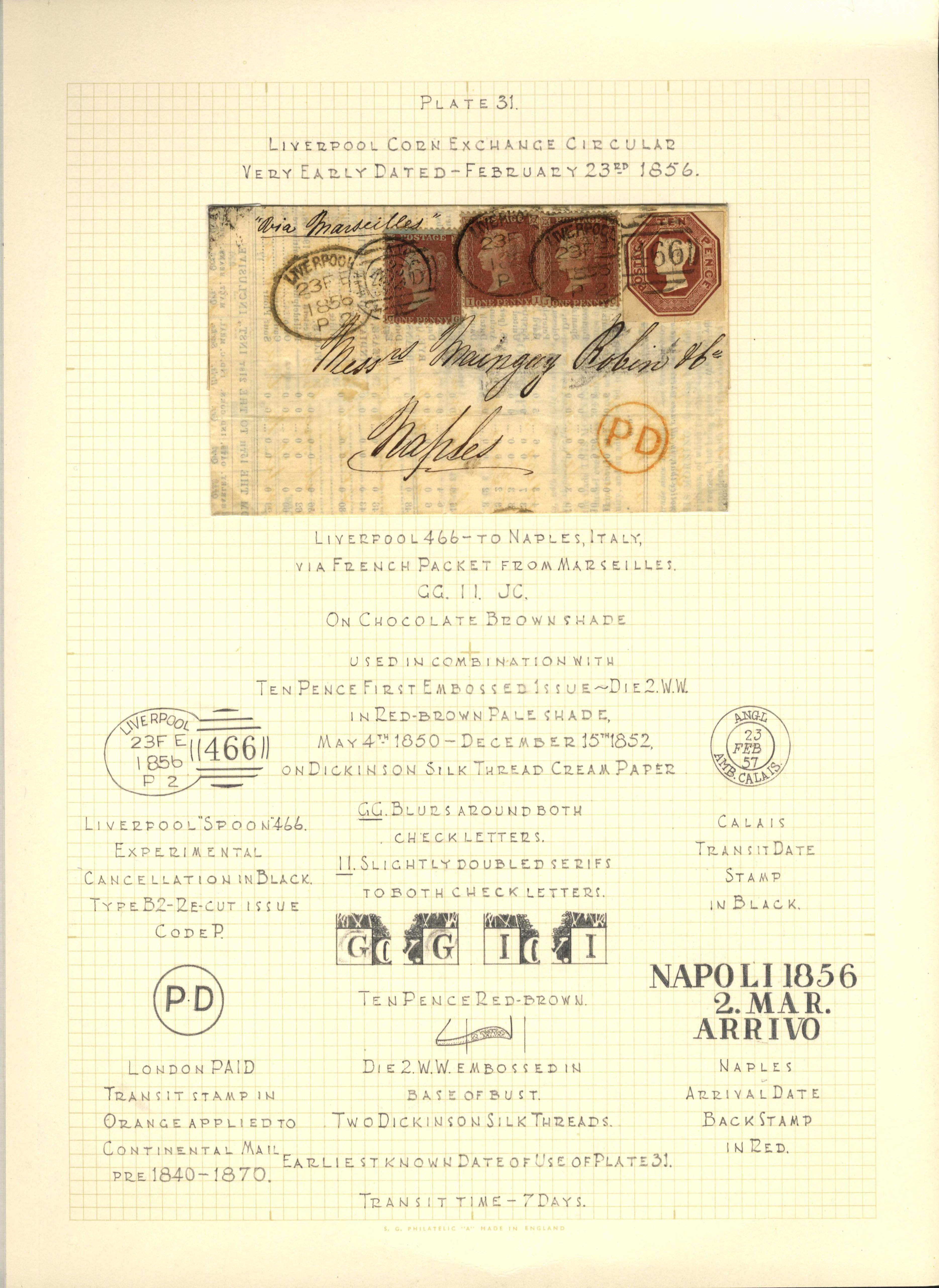 GB 1856 10d & Plate 31 1d red x 3 earliest known use on cover to Naples