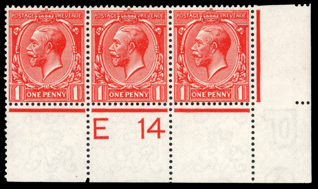 GB: 1912-24 1d very deep bright scarlet, mint unmounted o.g. control E14 strip of three