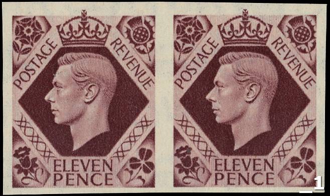 1947 11d plum  horizontal imperf pair of imprimaturs.