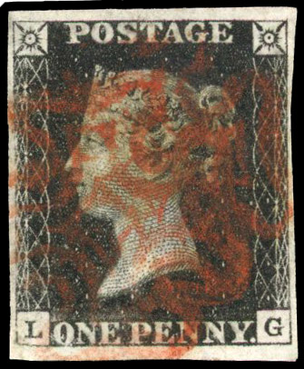 GB: 1840 1d black, Plate 9, (LG), four margins, central red MC SG 2