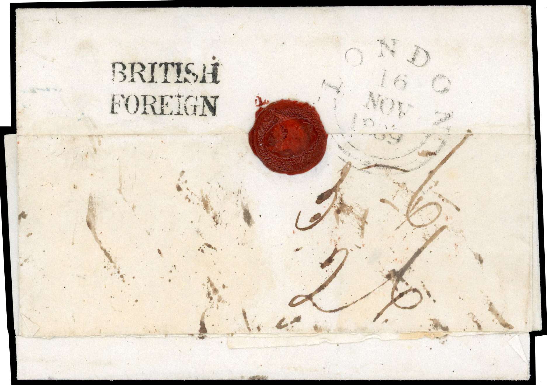 1839 pre-stamp entire to London with British Foreign two lined h/s