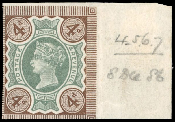 GB 1887-92 4d green and purple-brown, imperforate imprimatur. For SG 205