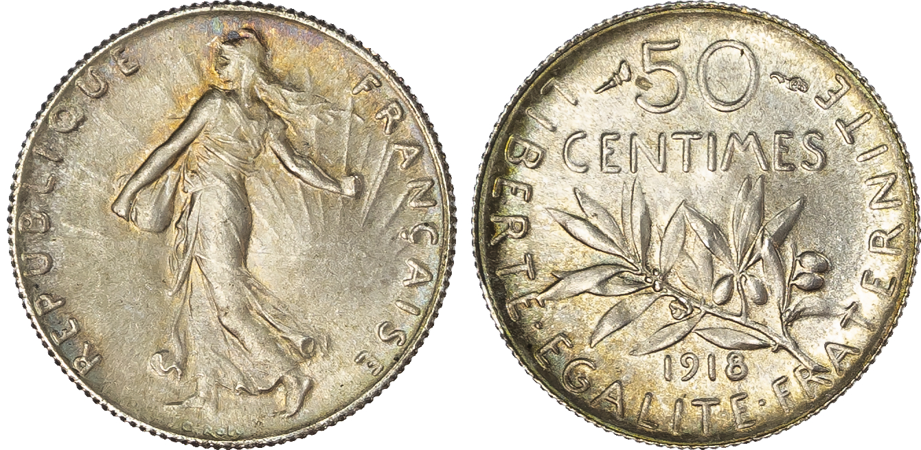 France. Third Republic AR lot of 3 x 50 Centimes. 1918.