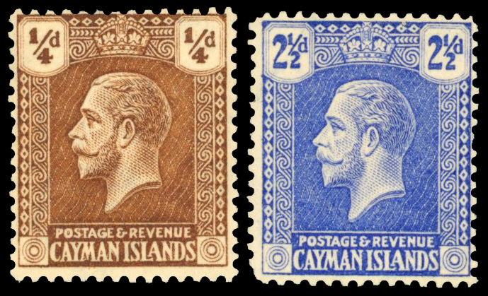 Cayman Islands SG 69y, 74x 1921 ¼d and 2½d watermark varieties mint