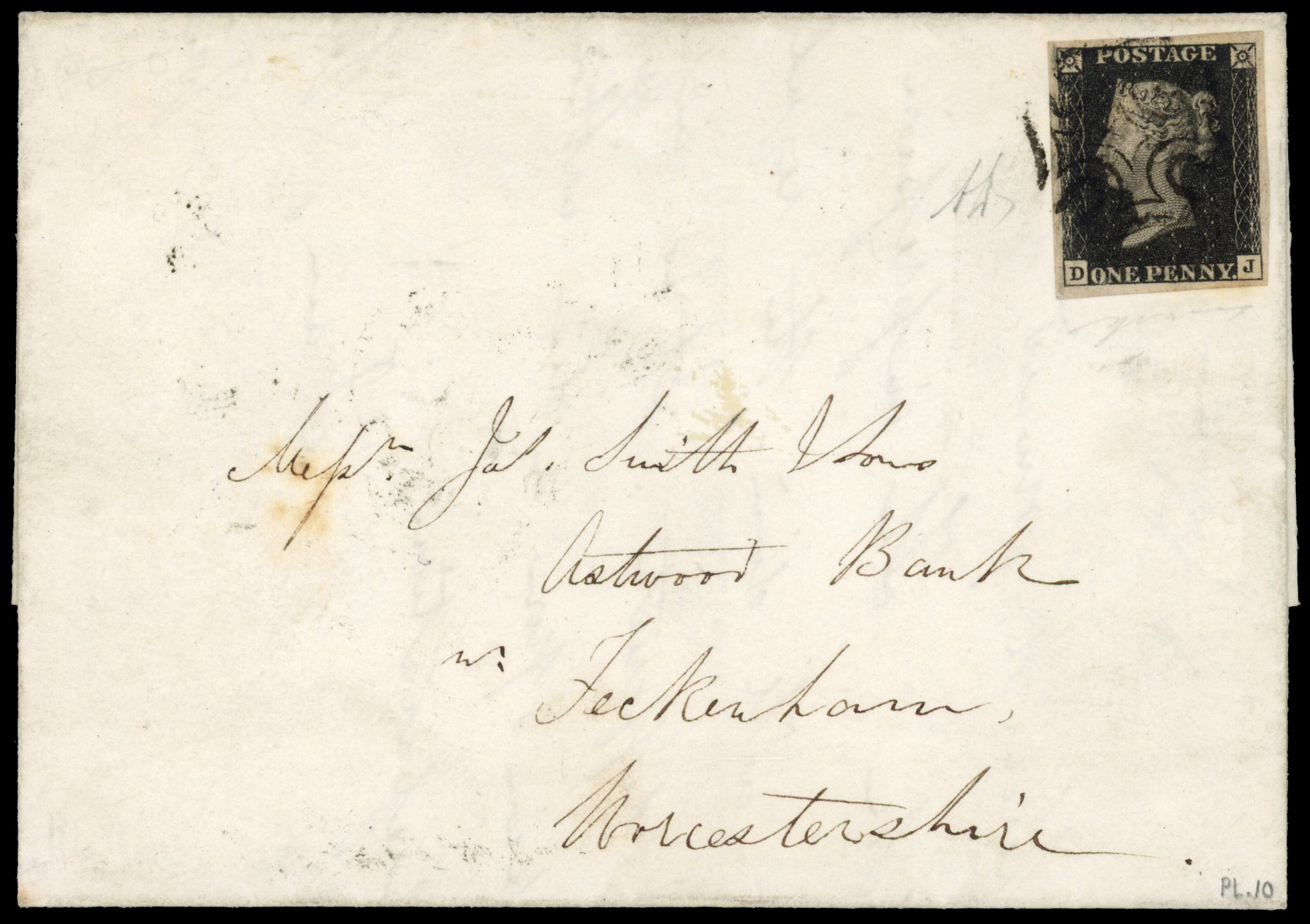 1840 1d black Plate 10 (DJ) on cover, addressed to Worcestershire, SG 2
