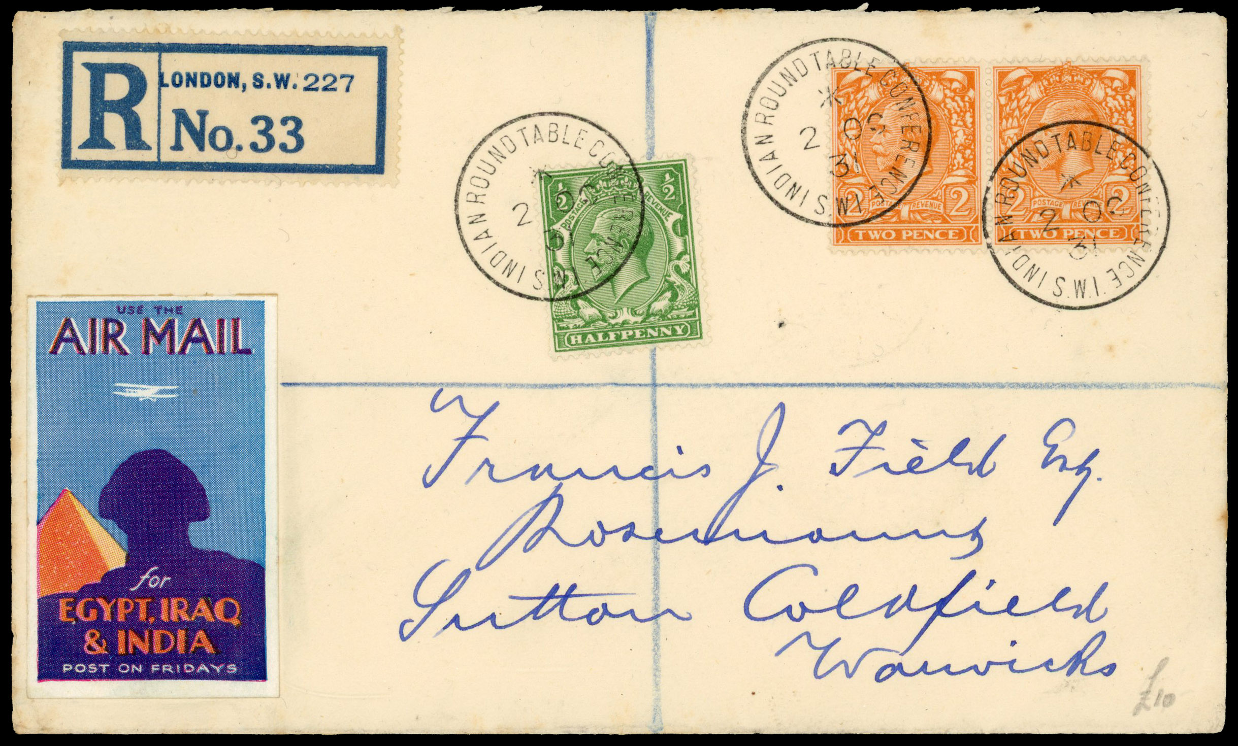 1931 Indian Round Table Conference registered envelope