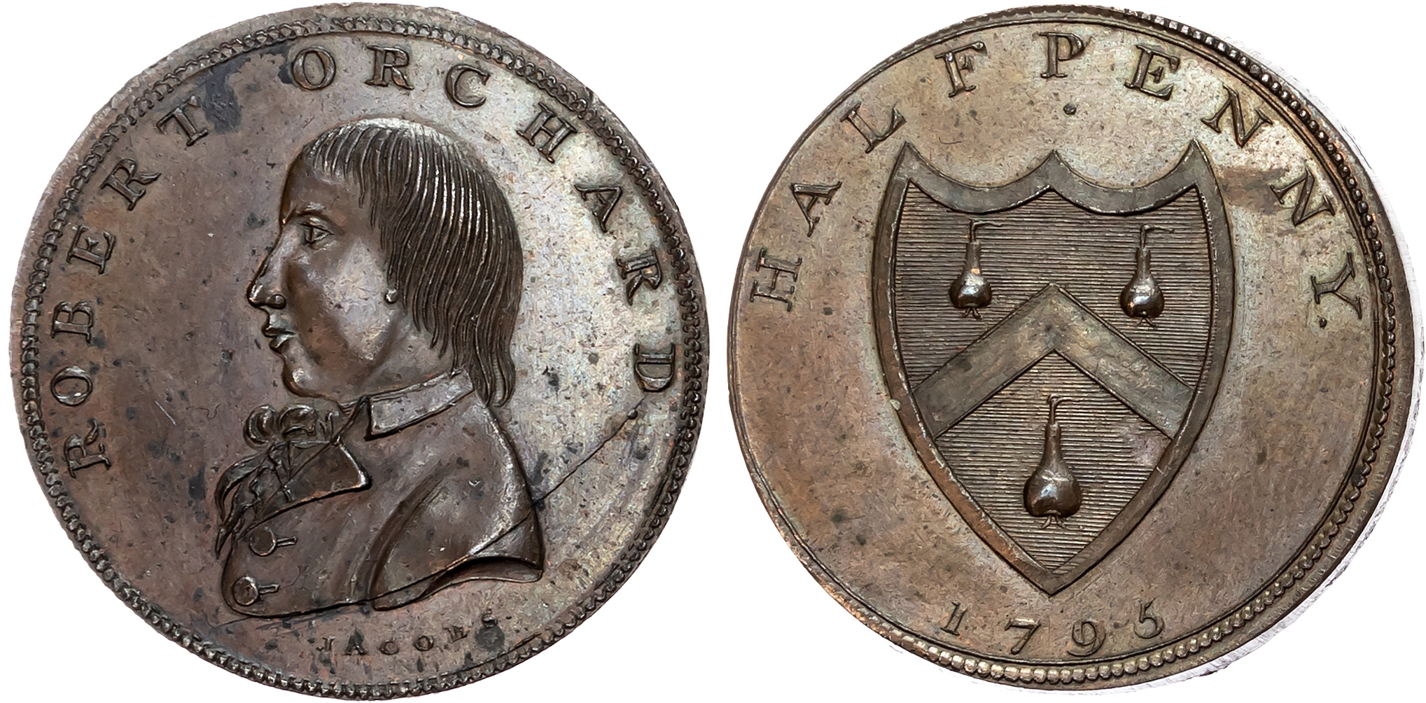 London, Soho , Robert Orchard (grocer) Halfpenny 1795, His draped bust to left, rev . Orchard arms edge plain, 29.2mm/13 …