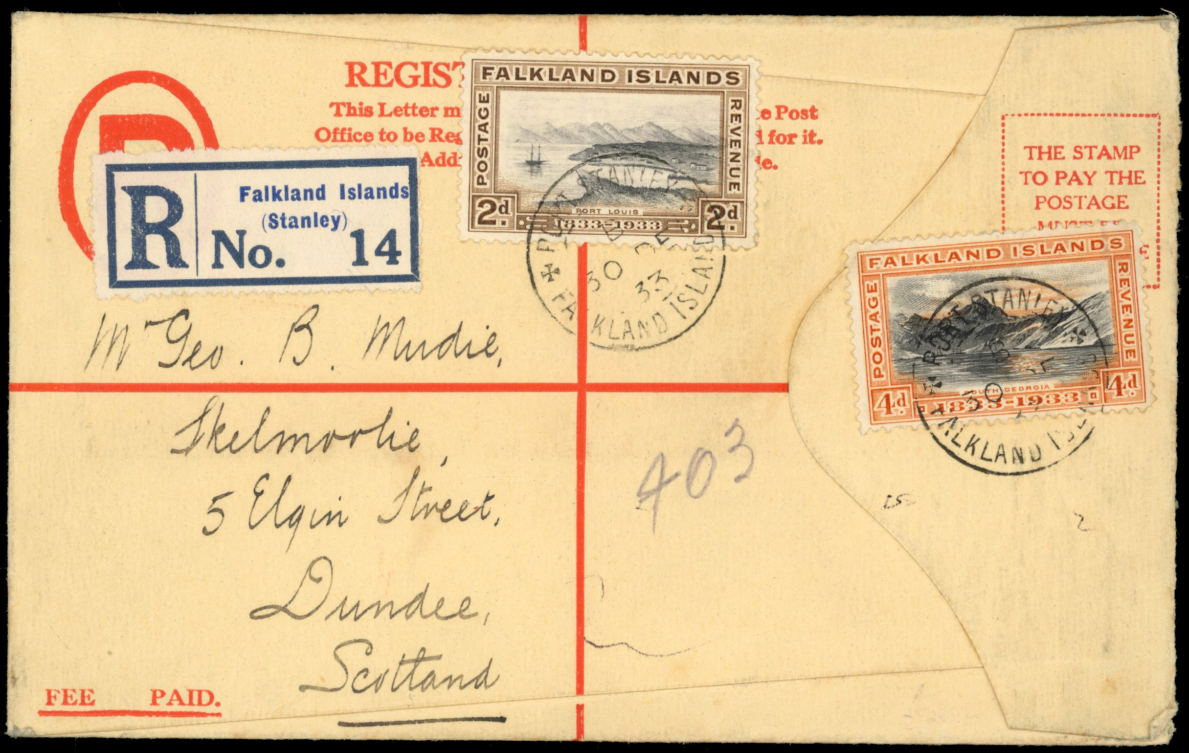 FALKLAND ISLANDS 1933 formula registered envelope  used 2d and 4d Centenary