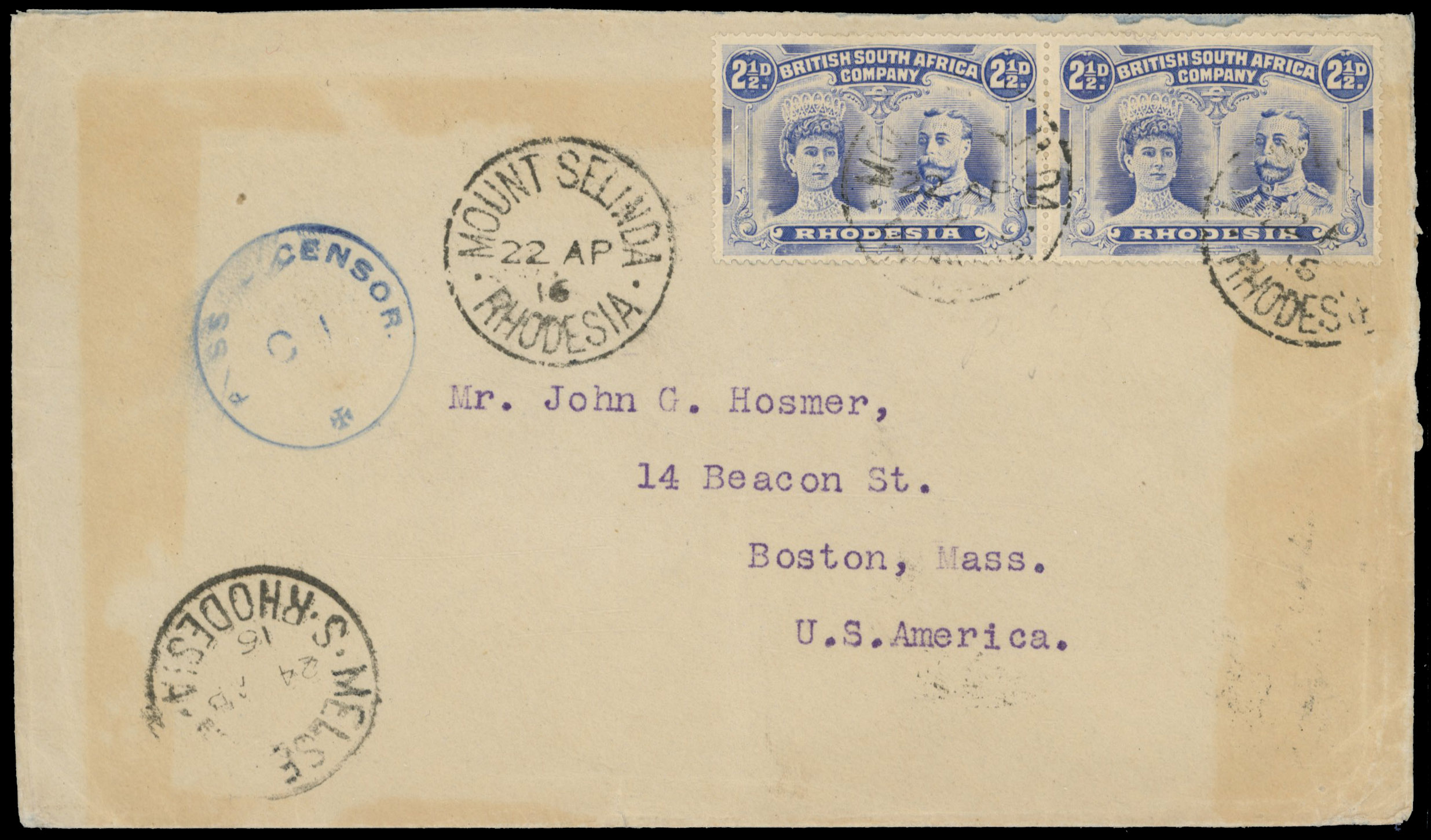 2½d ultramarine SG 131 pair on censored cover to USA