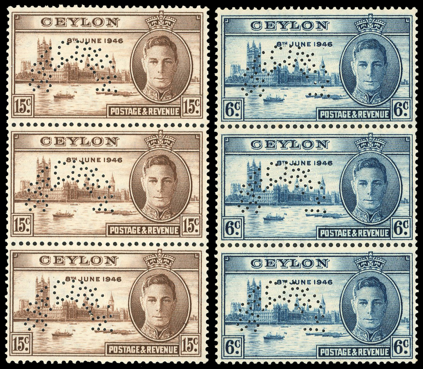 Ceylon SG 400-401s perf SPECIMEN set in strips of 3