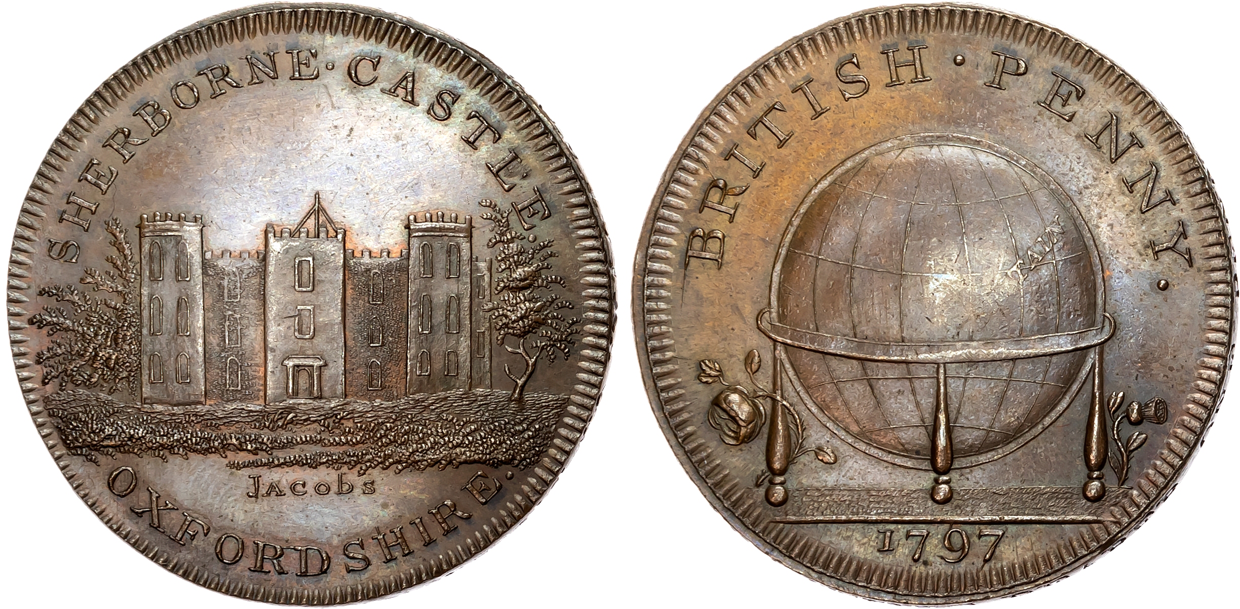 Oxon. Sherborne , Skidmore’s Globe Series ‘British’ Penny 1797, Front of Sherborne Castle, rev . Globe between rose and …