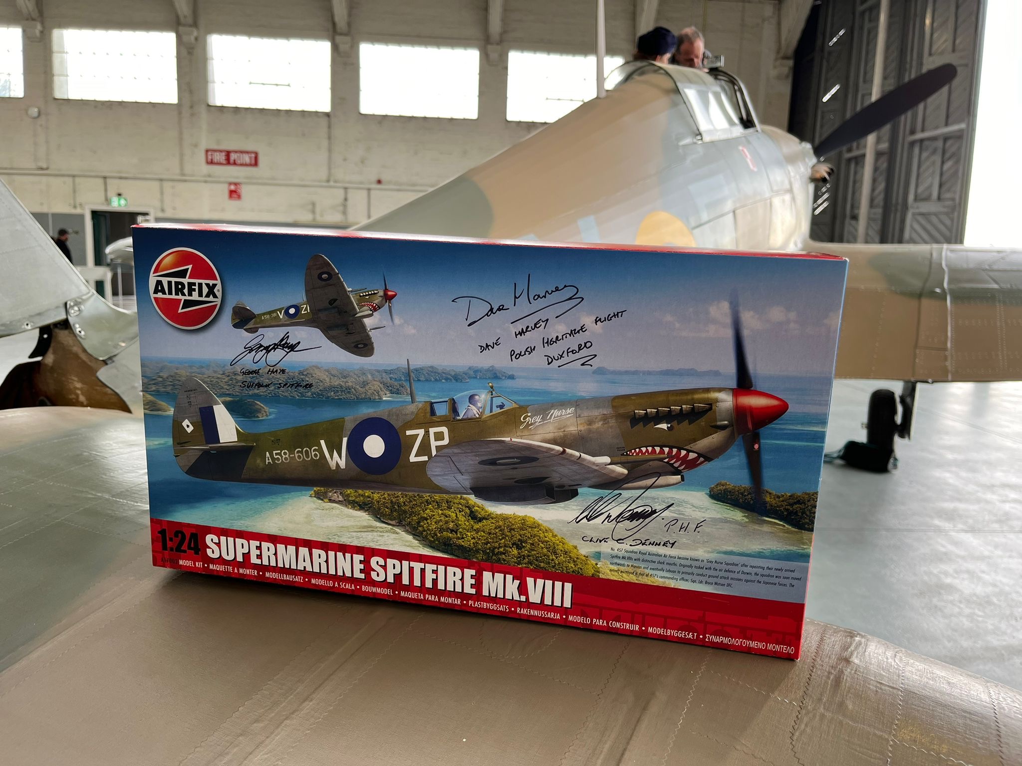 Airfix - Supermarine Spitfire Mk.VIII signed by three pilots. George Haye, Suffolk Spitfire, Dave Harvey, Polish Heritage Flight and Clive Denney, PHF