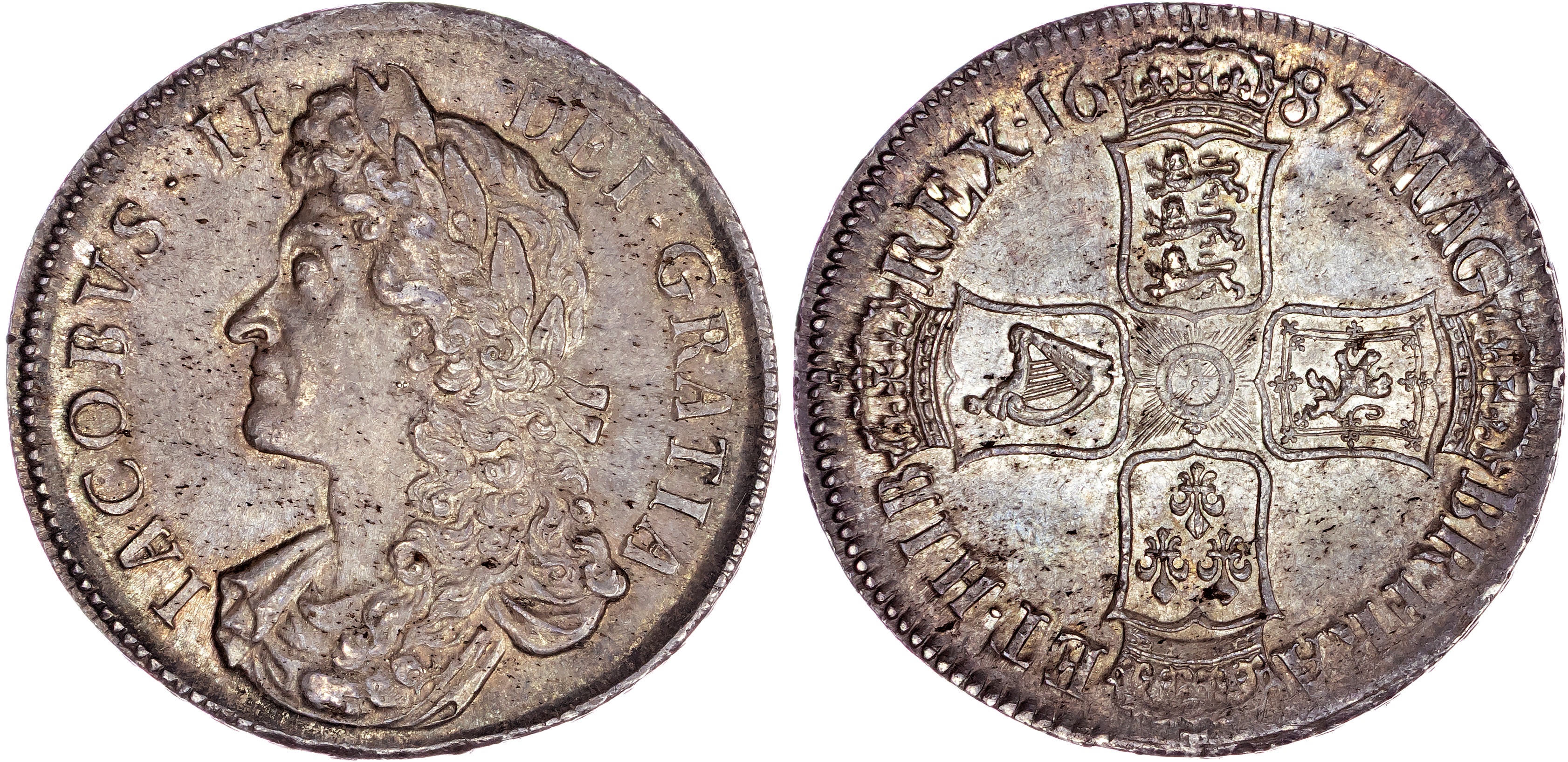 James II (1685-1688), AR Crown, 1687 TERTIO, E/R In ET (edge).