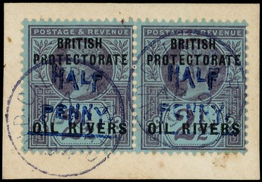 1893 ½d on 2d handstamped Type 9 in blue pair on piece, violet Old Calabar CDSs of AP 9 94.  Faint discolouration at lower...