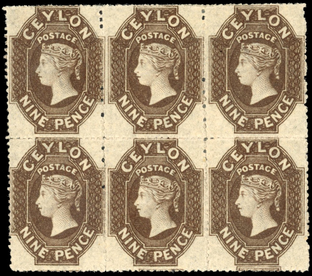 Ceylon SG 33 1861-4 9d rough perf block of six mint