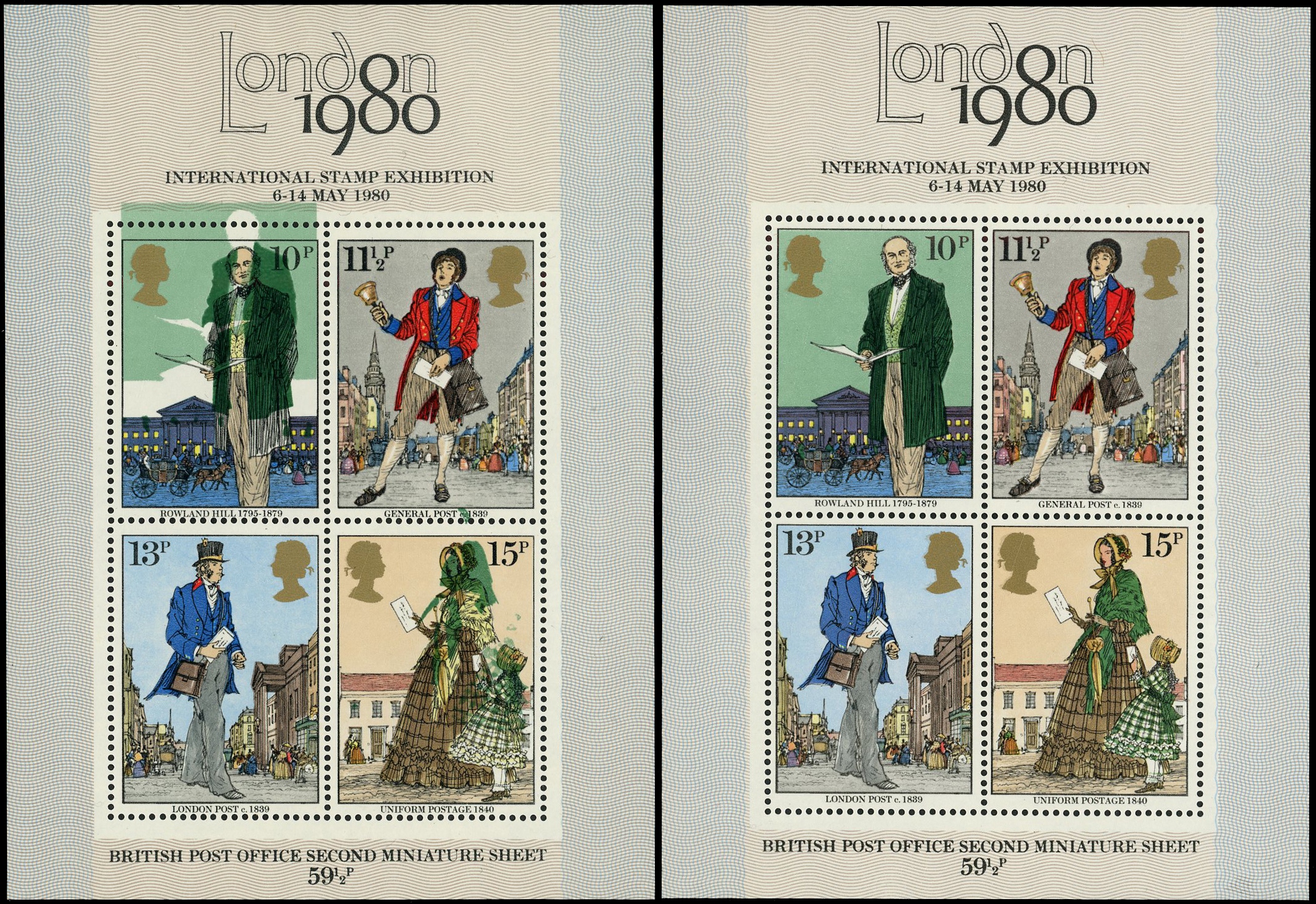 Great Britain 1979 Rowland Hill m/s with upwards shift of myrtle green...