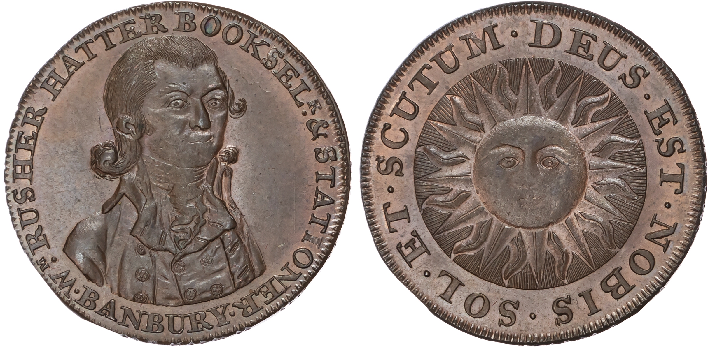 Oxon. Banbury , William Rusher (children’s book author, bookseller and stationer) Halfpenny no date, bust half…