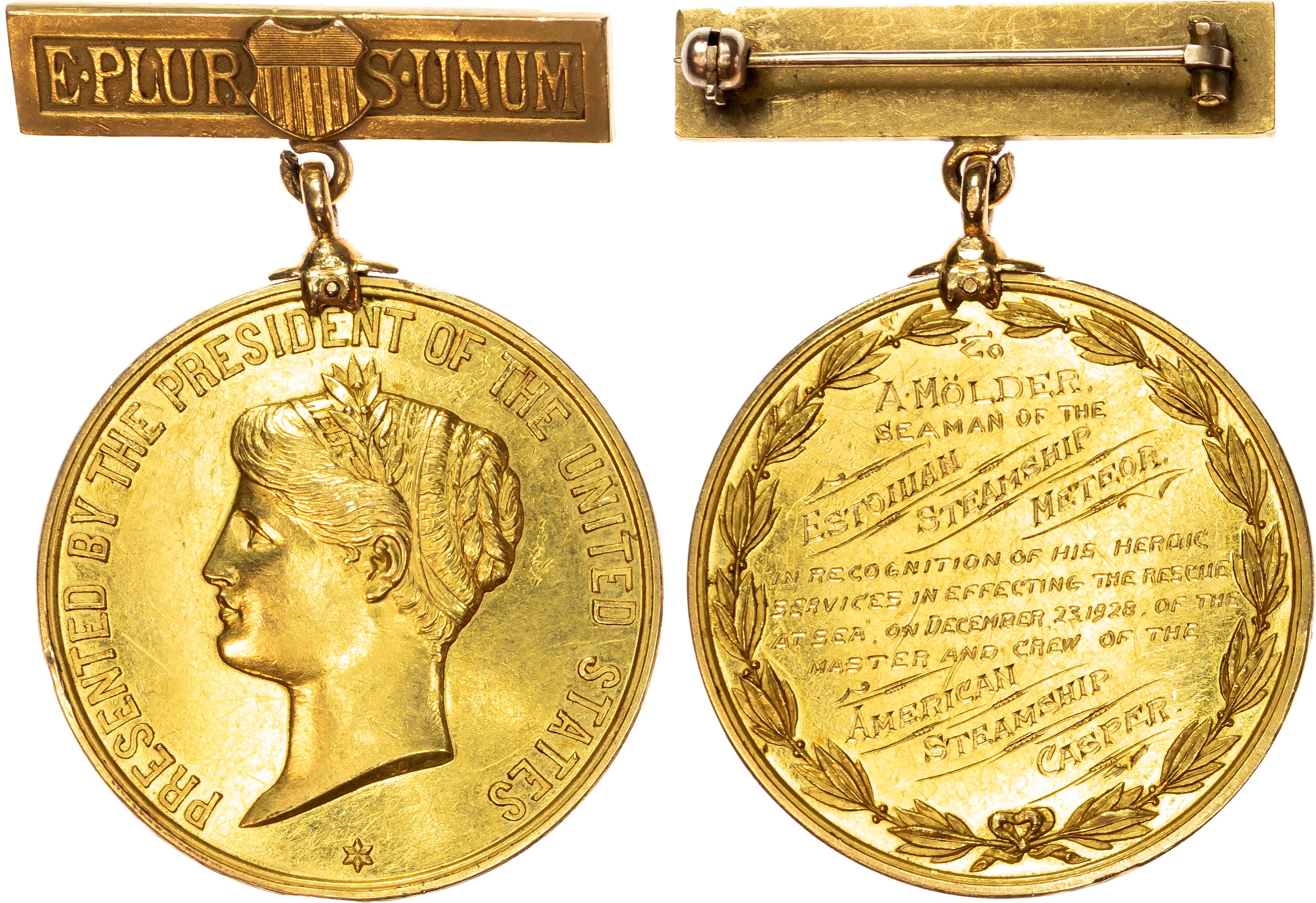 USA, Life Saving 22ct gold medal (35.5mm/33.91gm), 20th century, Philadelphia mint, by George T. Morgan.