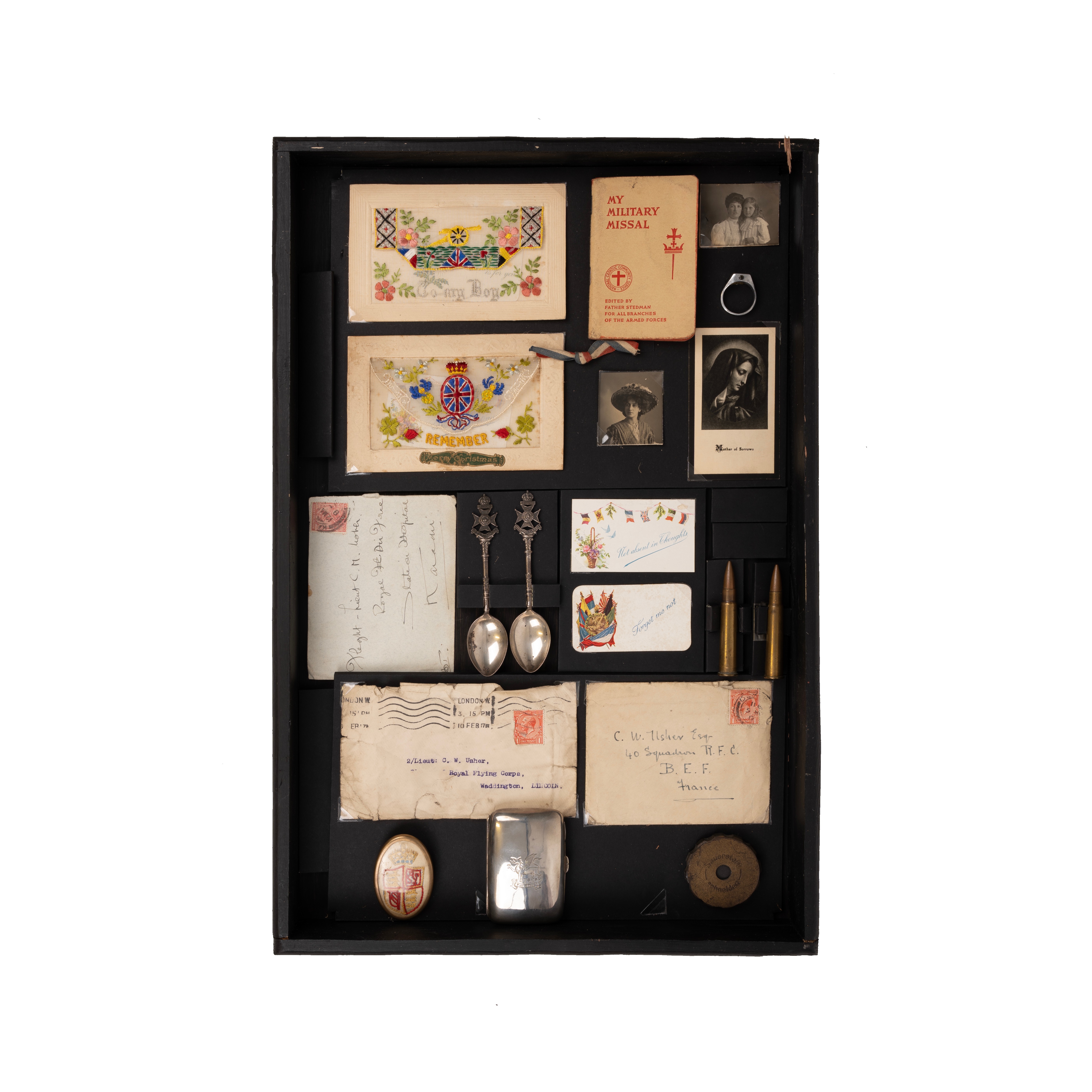 Royal Flying Corps interest items housed in display box 