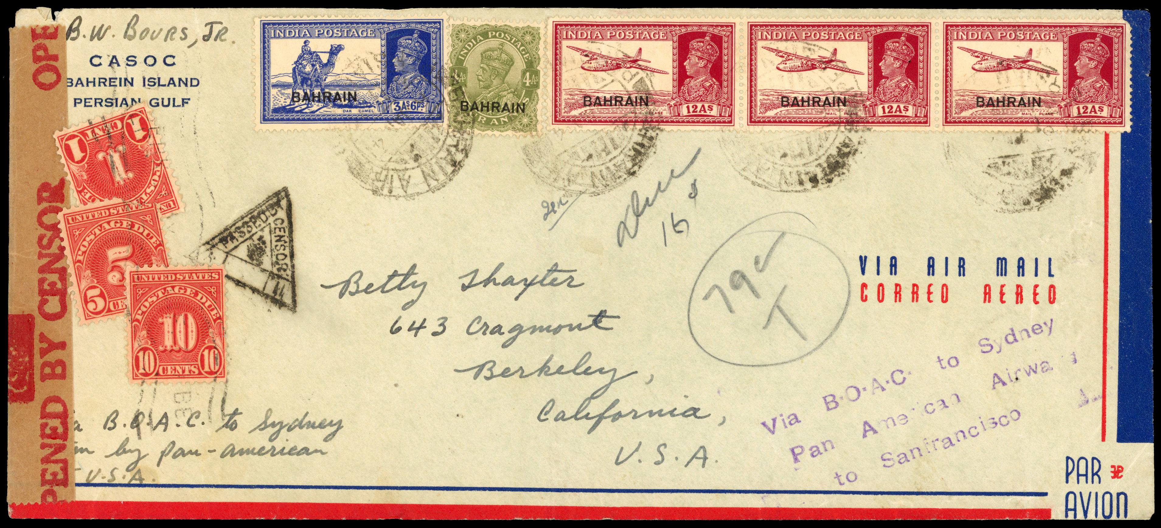 Bahrain SG 31 1941 airmail cover