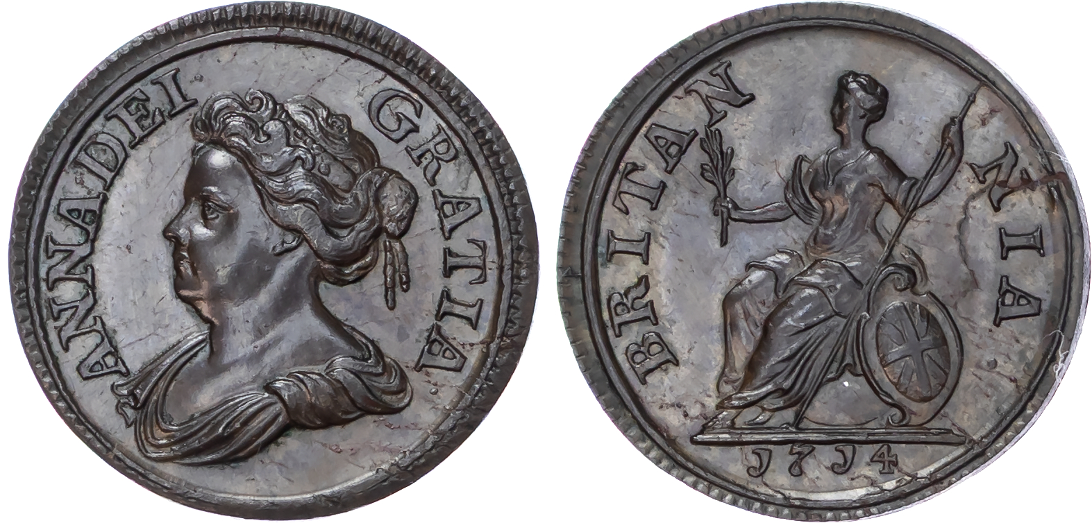 Anne (1702-1714), Pattern Farthing, 1714, by J. Croker.