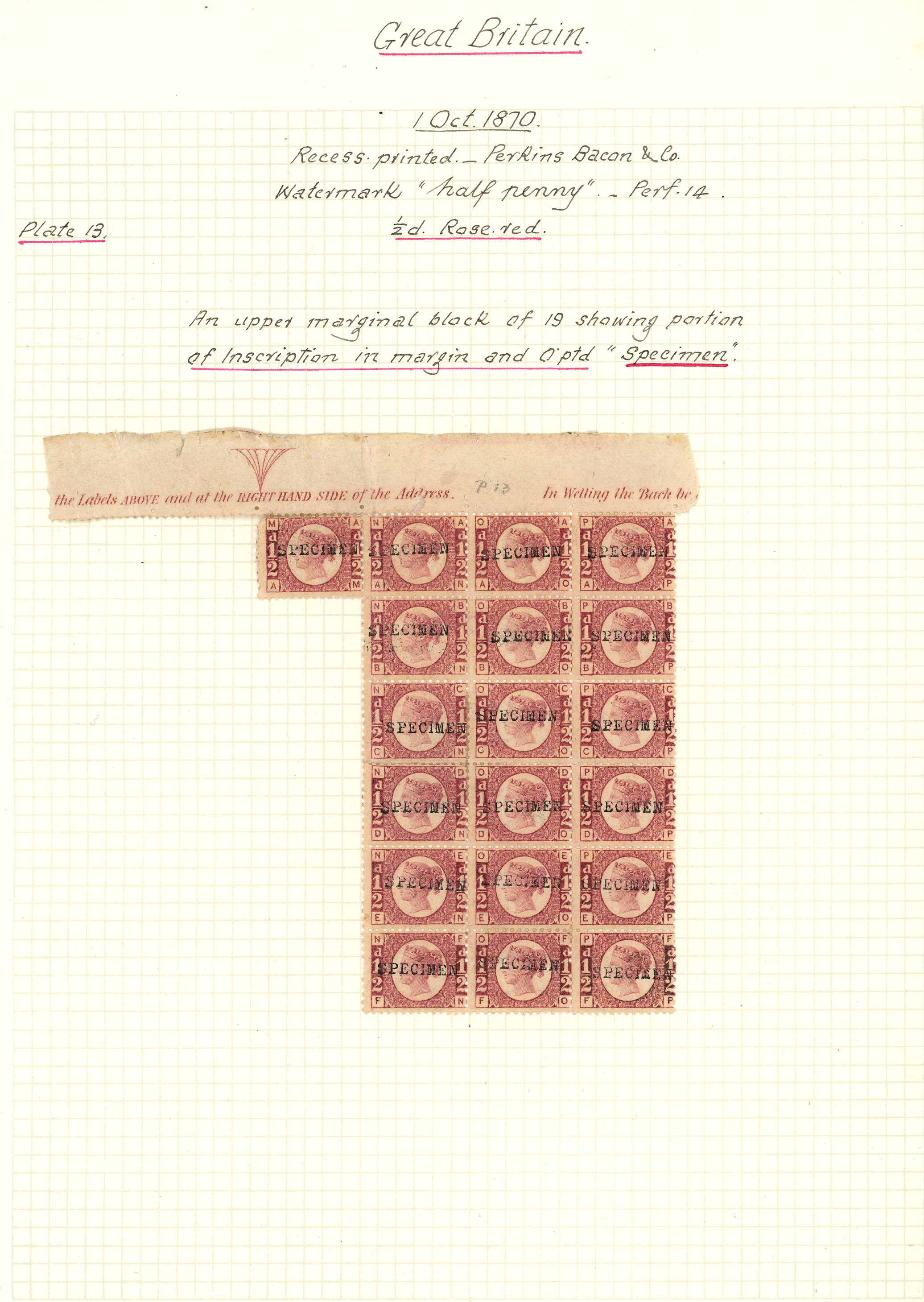 1870 ½d rose-red (AM-FP) top marginal block of nineteen, optd 'SPECIMEN' type...