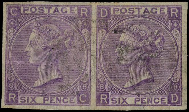 1870 6d Mauve Pl.8. Good used imperforate horizontal pair lettered RC-RD, with good to  full margins on all sides, light…
