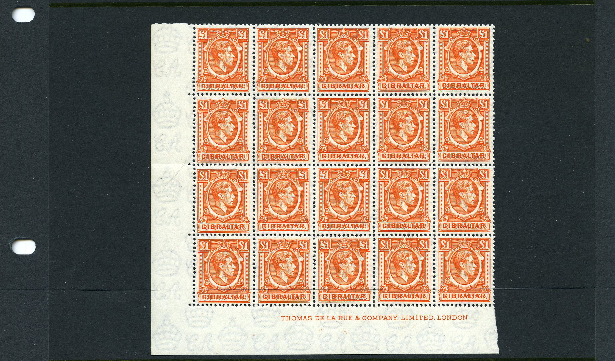 1938-51 £1 orange unmounted o.g. corner block...