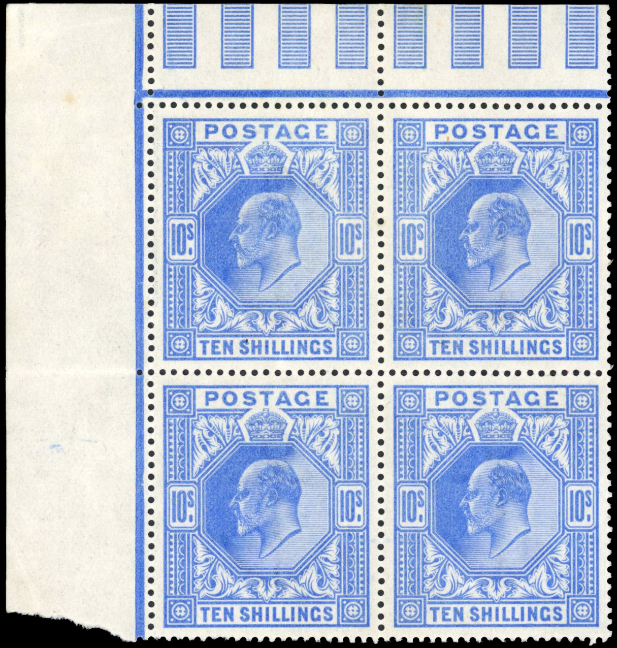 GB: 1902-10 10s deep ultramarine, mint unmounted og upper left corner block of four