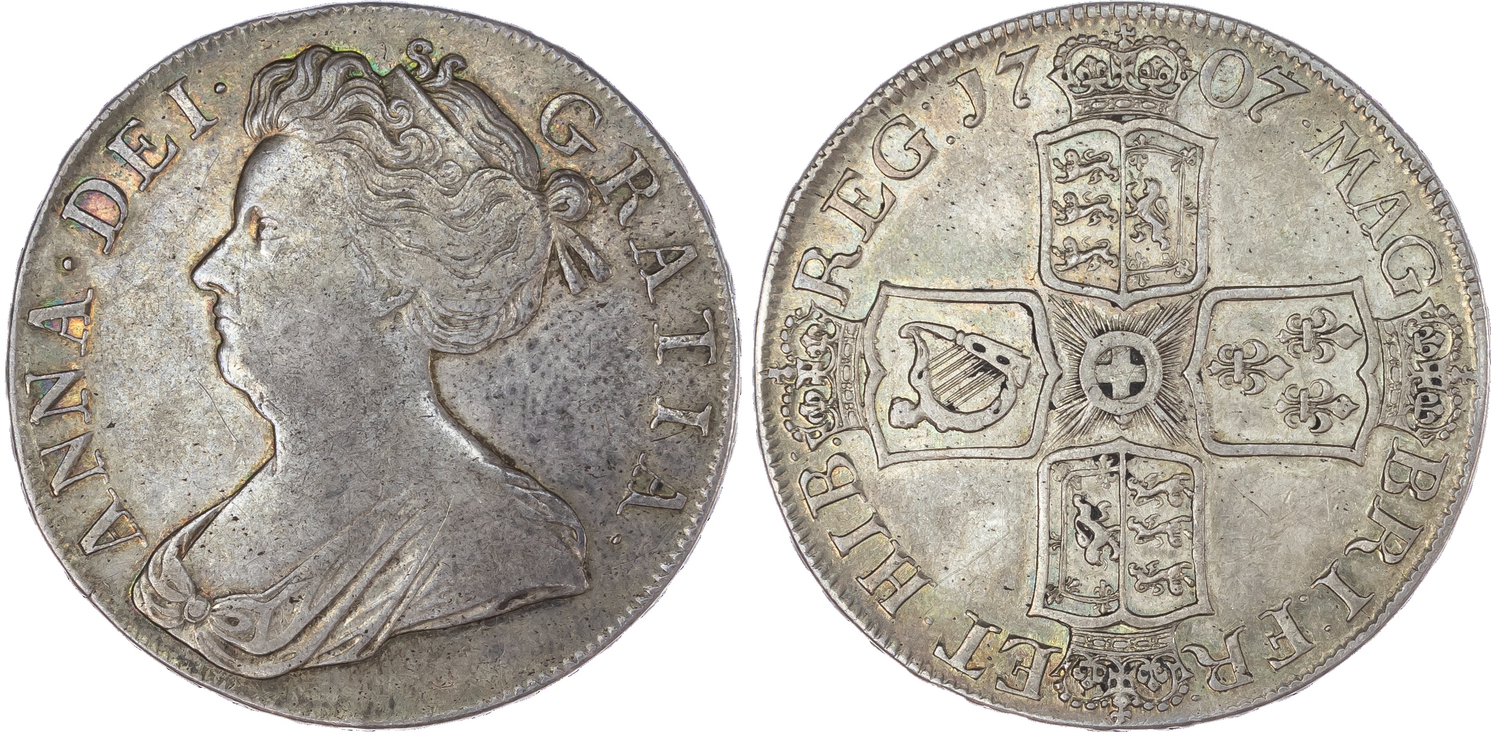 Anne (1702-14), Crown, 1707, Tower mint, second draped bust left, toothed border surrounding both sides, legend reads ANNA