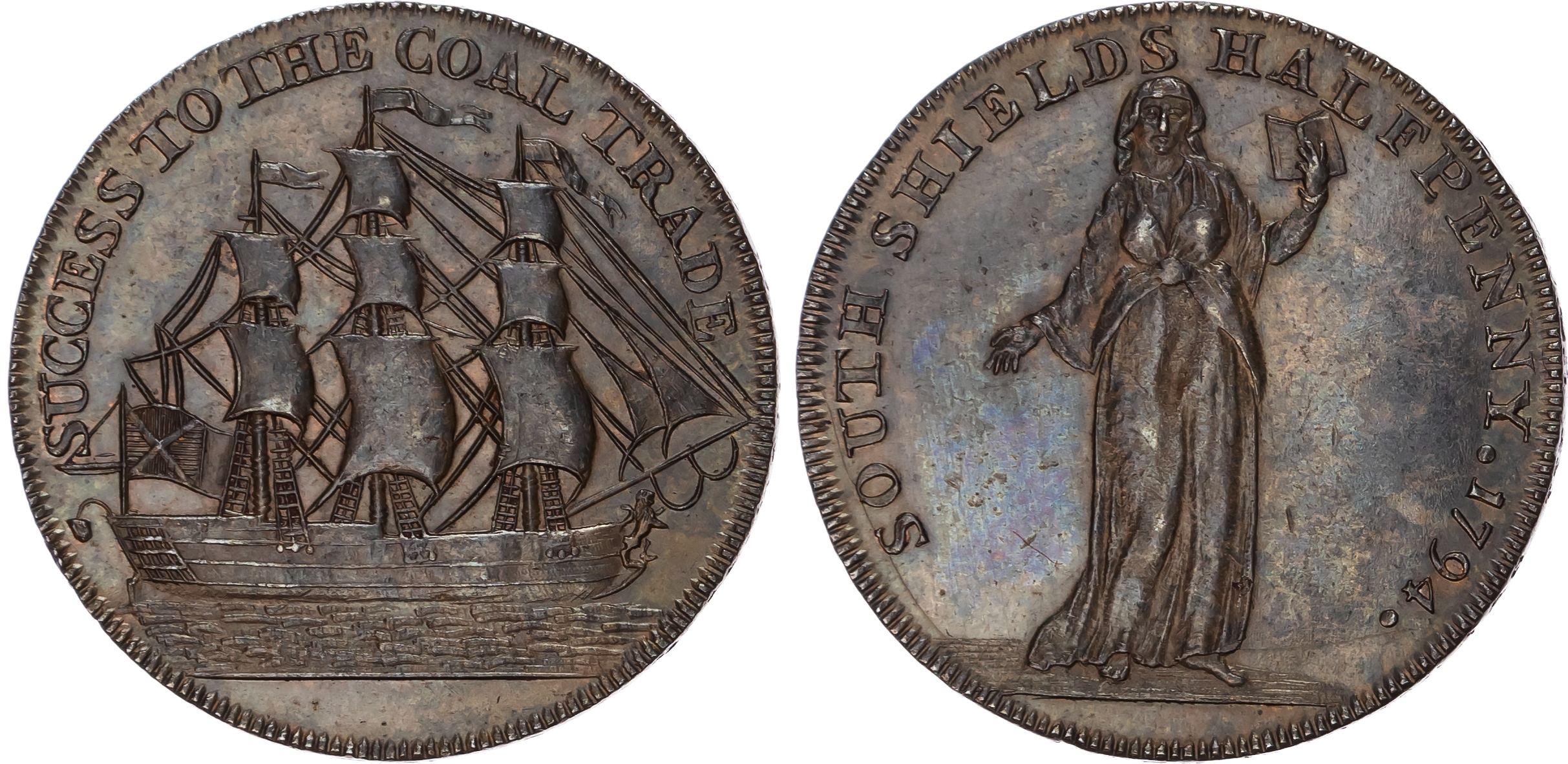 Co. Dur. South Shields, Issuer uncertain, Kempson's Halfpenny 1794, Faith standing holding a book rev. Coalshi…