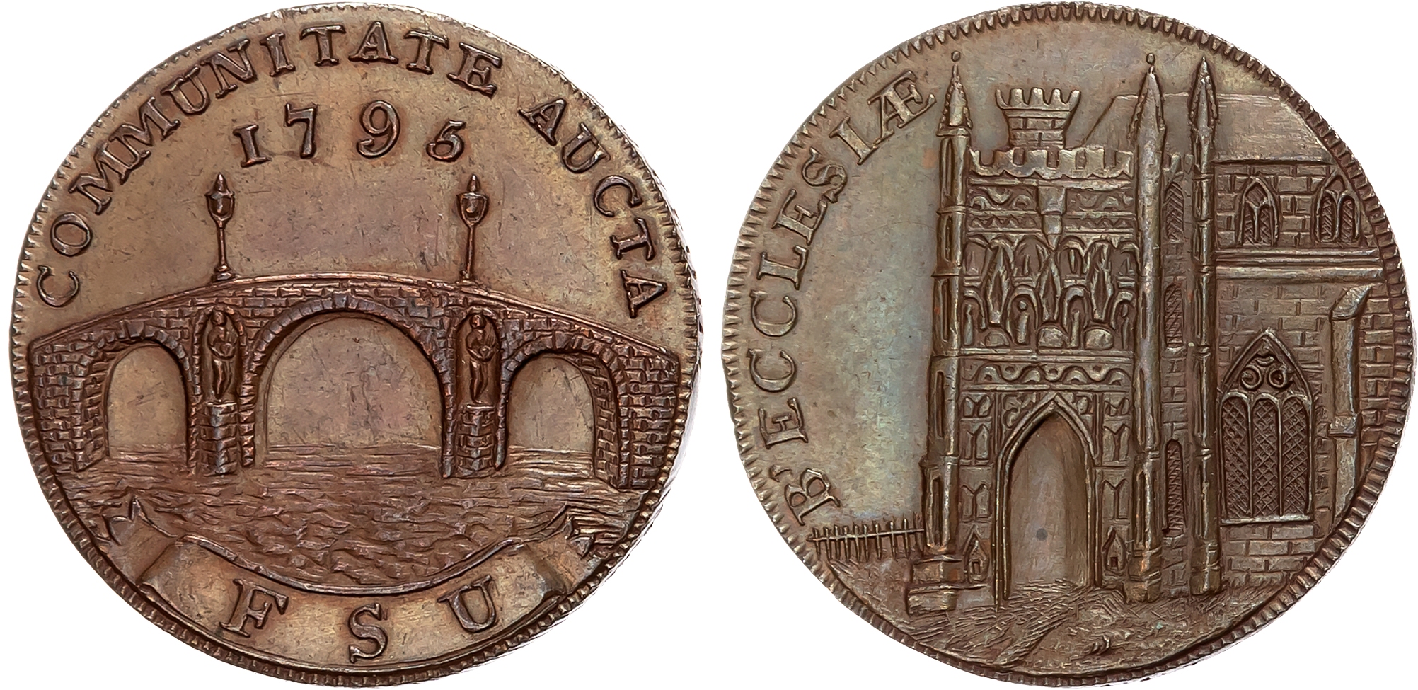 Suff.  Beccles , FSU (unknown issuer) Halfpenny 1795, Porch and tower of church, rev. bridge over the Waveney, edge PAYA …
