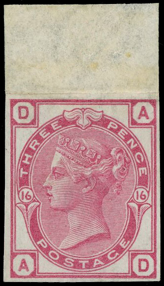 1875 3d Rose Pl.16. Very fine unused imperforate top marginal imprimatur lettered AD. Scarce one of only 22 possible exa…