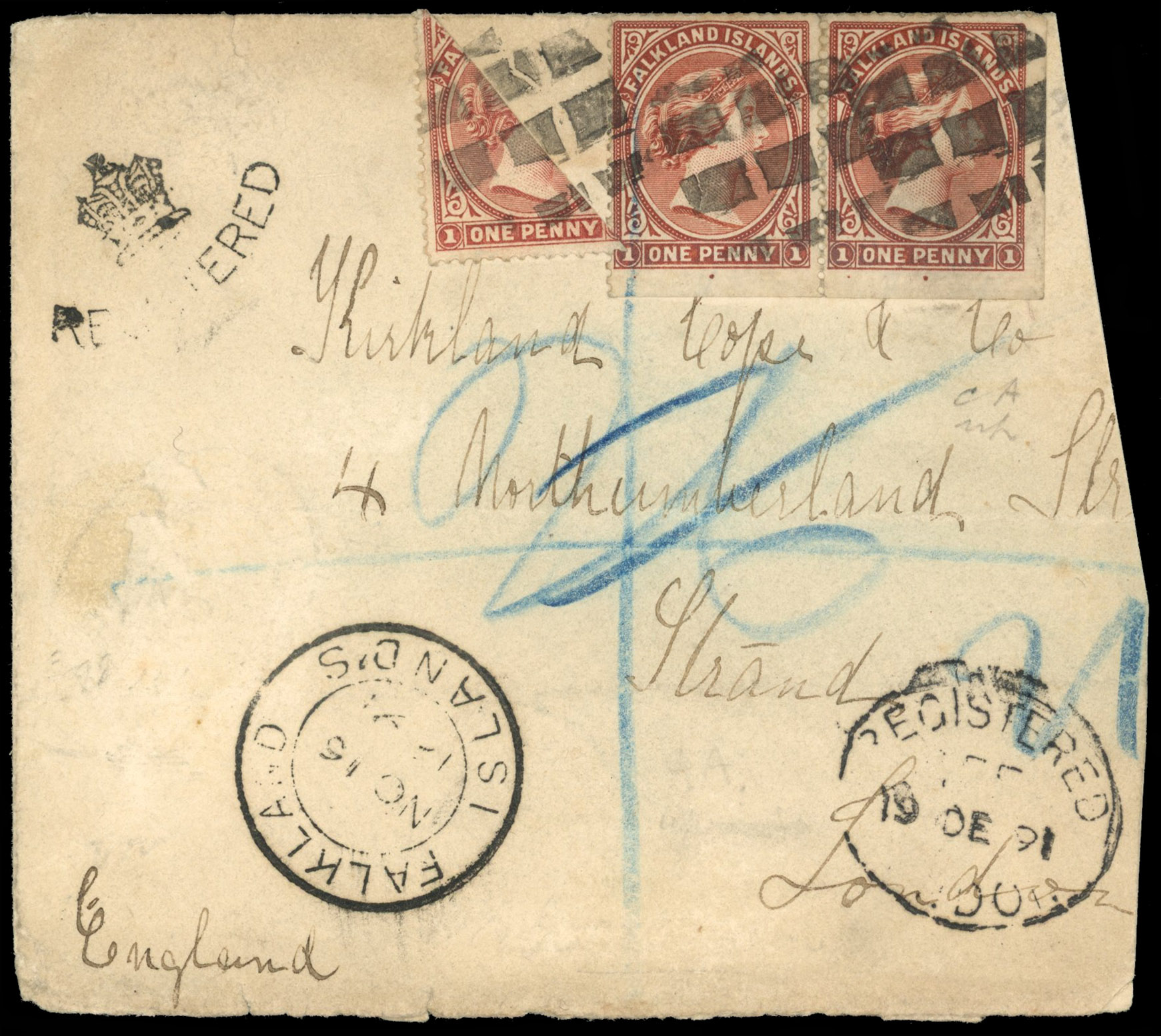 Falkland Is SG 8a, 11 1891 part registered cover to London
