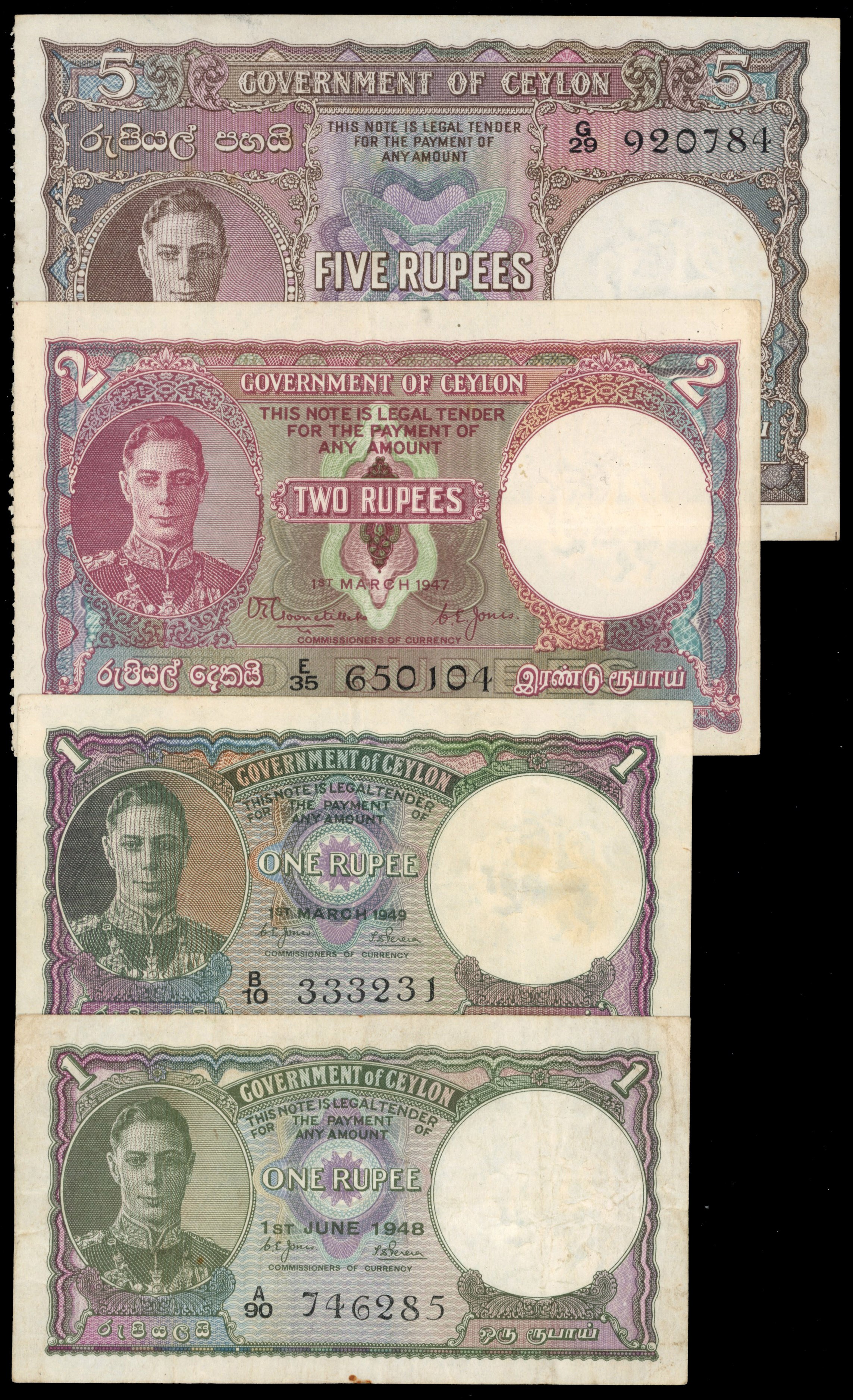 Ceylon, British Administration, Colombo, One cent 1 Feb 1942; Twenty-Five Cents 1 Dec 1949; One Rupee 1 Jun 19…