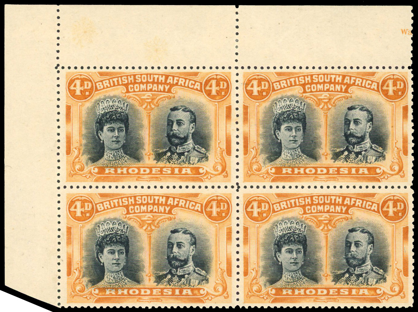 Rhodesia 1910-13 4d black and orange perf 15x14 corner block of 4