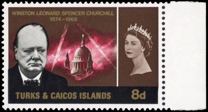 Turks & Caicos Islands 1966 Churchill Commemoration 8d brown with error gold printing double, SG 264a