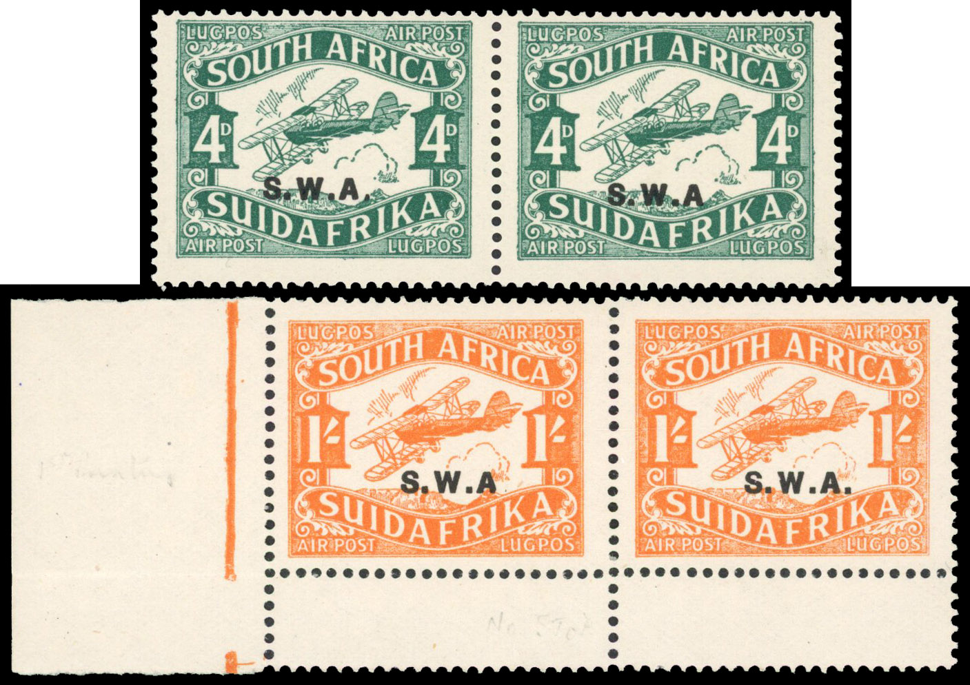 South West Africa 1930 Air 4d, 1s pairs variety No stop after A