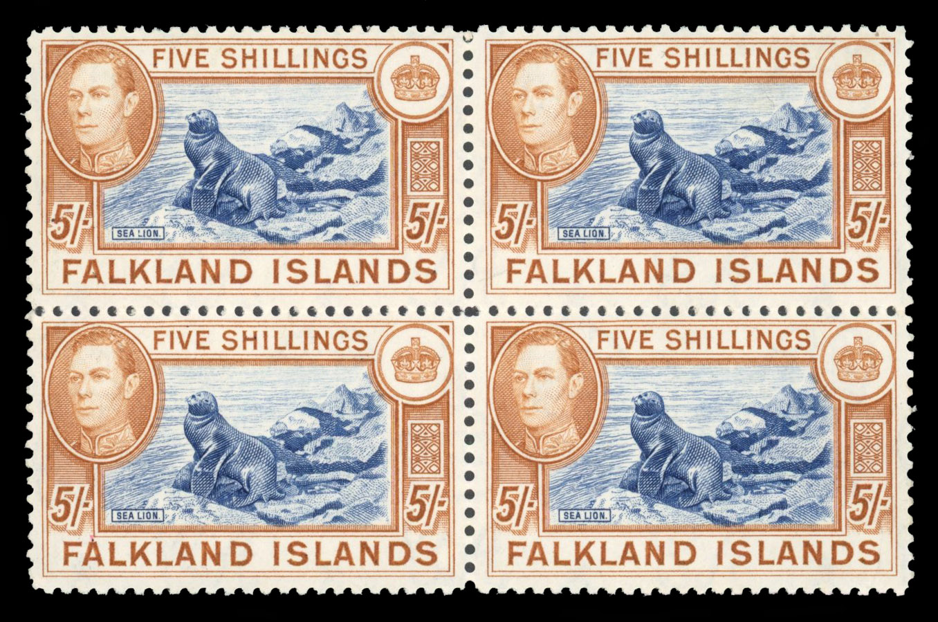 SG 161b 1938 5/- 'indigo' block mint