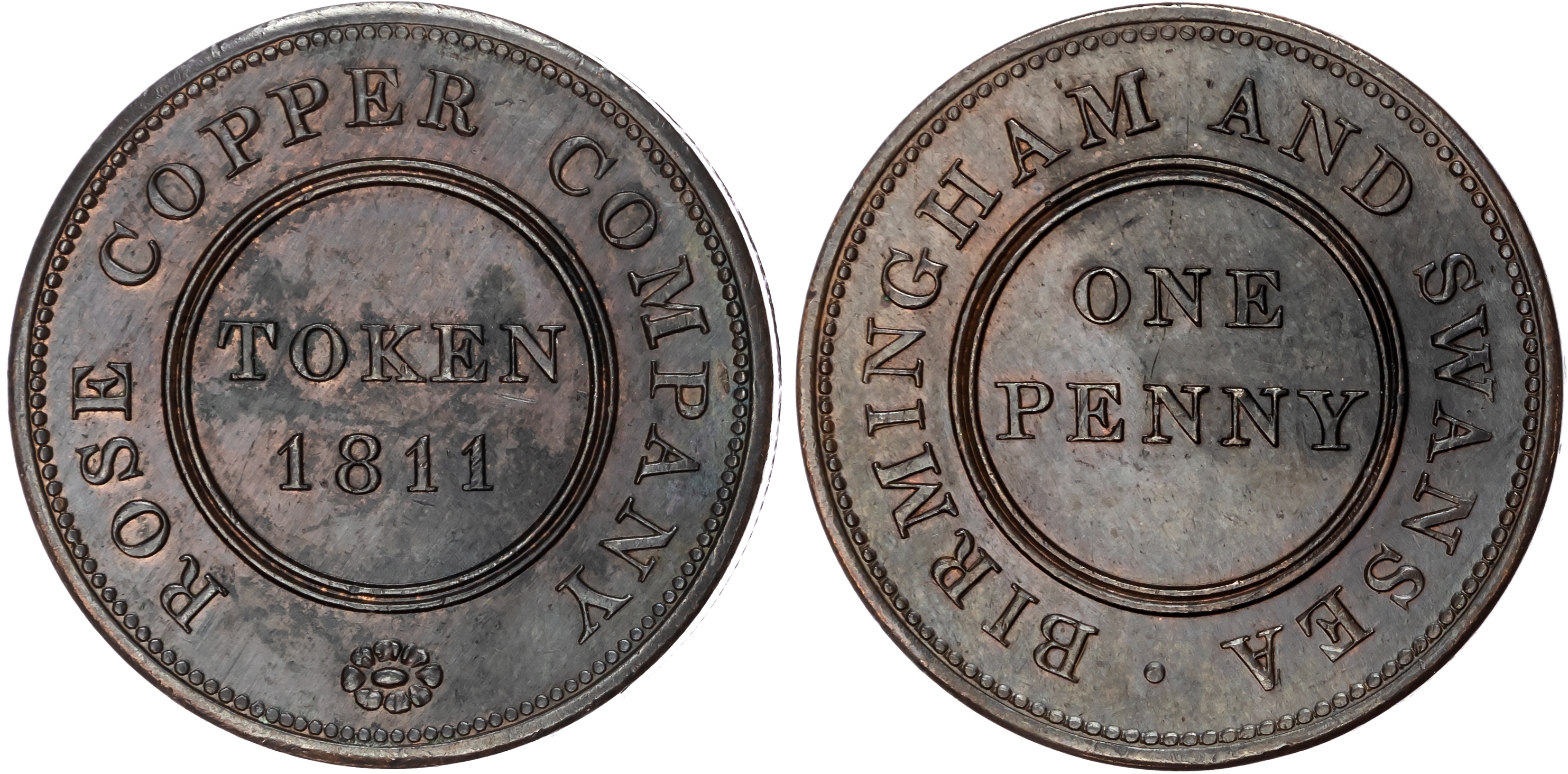 BIRMINGHAM & SWANSEA, Warks. & Glams. Rose Copper Co. Another but minor spacing diffs. 36mm/28.22mm. (W 249; D…