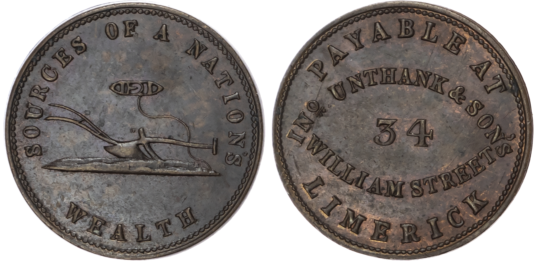 Limerick ( Co. Lim.) John Unthank & Sons ( linen and woollen drapers ) farthing (1846-56), Address/shuttle ove…