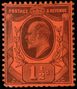 GB SG221var 1909 1½d Colour trial in Purple on Orange.