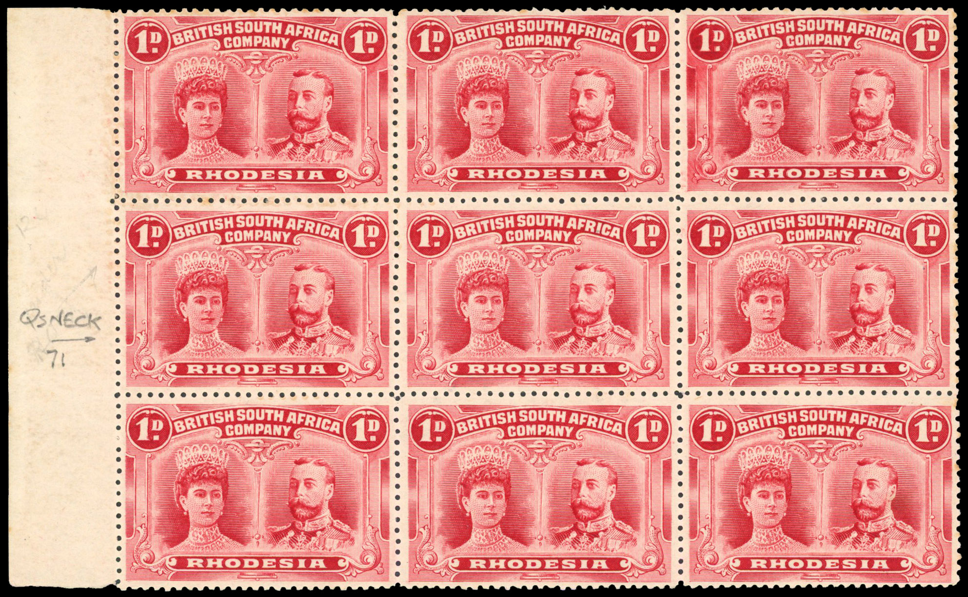 Rhodesia 1910-13 1d carmine-red perf 14 block of 9
