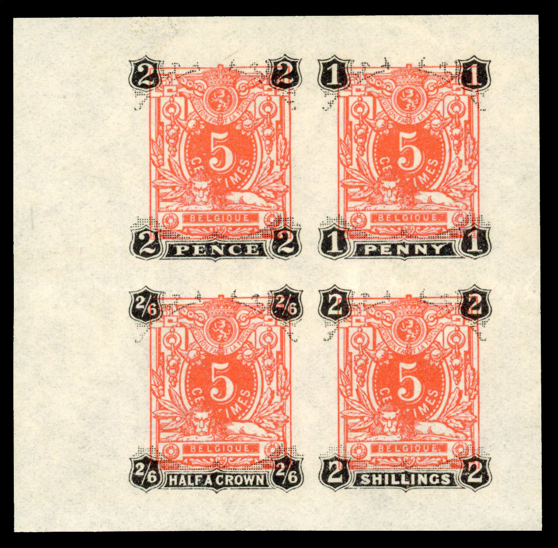 Rhodesia frame trials with impressions of the Belgium 5c 