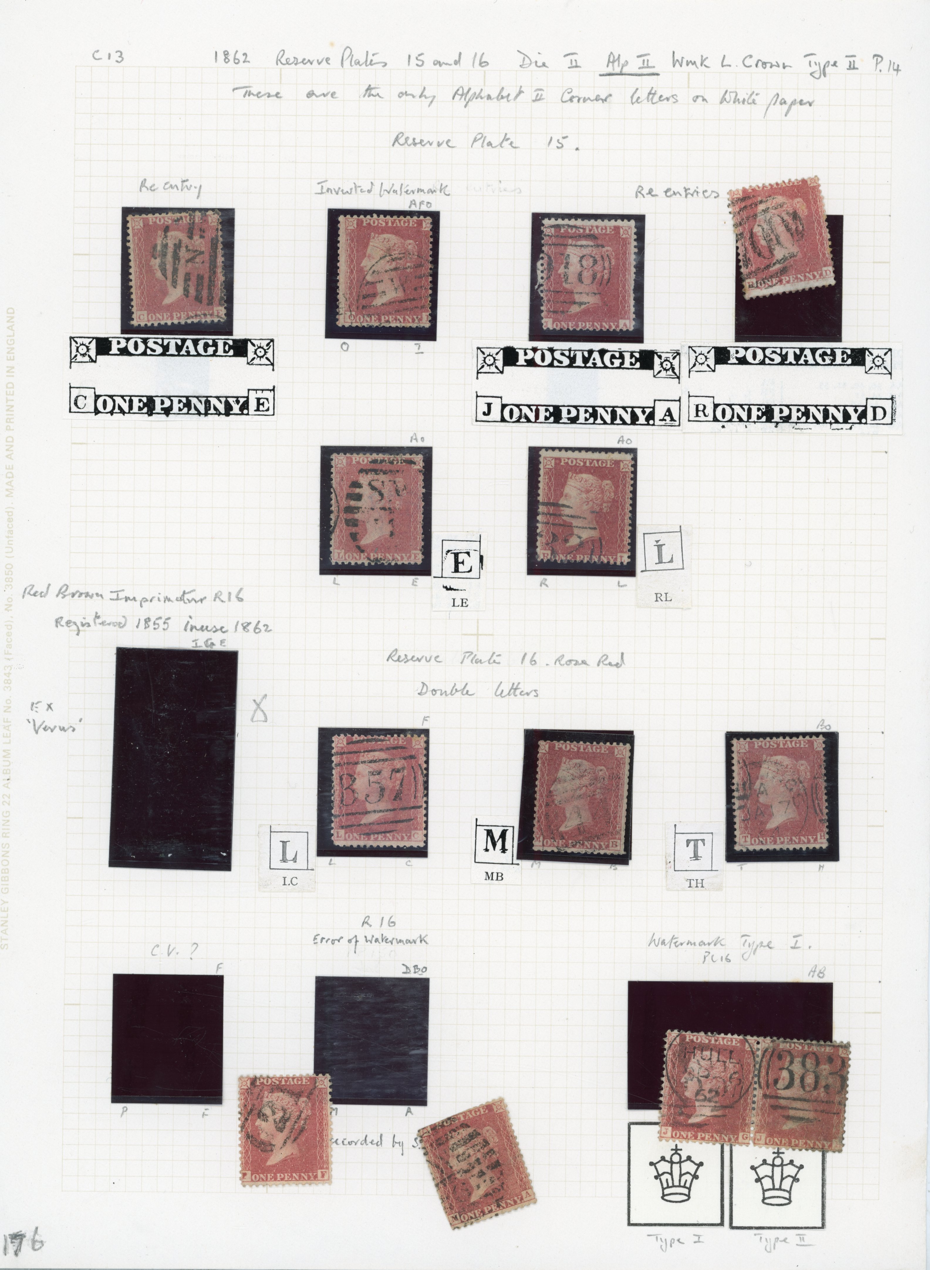 GB 1862 1d rose-red Plate R15 & R16 group Including error of watermark Spec. C13