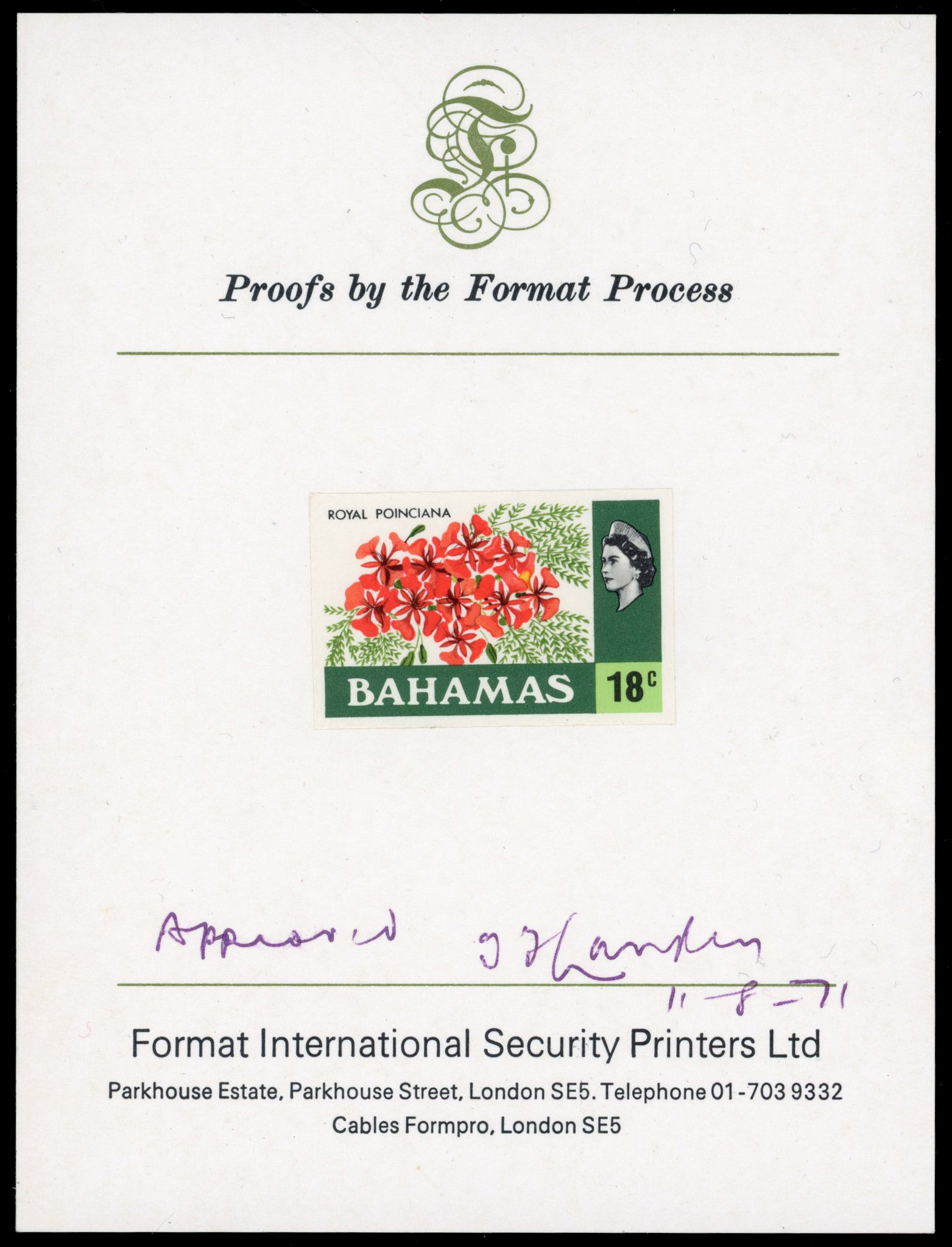 Bahamas 1971 18c imperf plate proof on presentation card and bromide SG 371var 