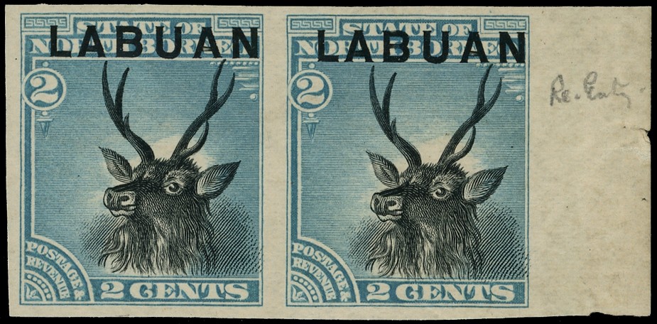 1894 2c black and blue imperforate marginal pair o.g., hinged on the selvedge only, the marginal stamp showing a...