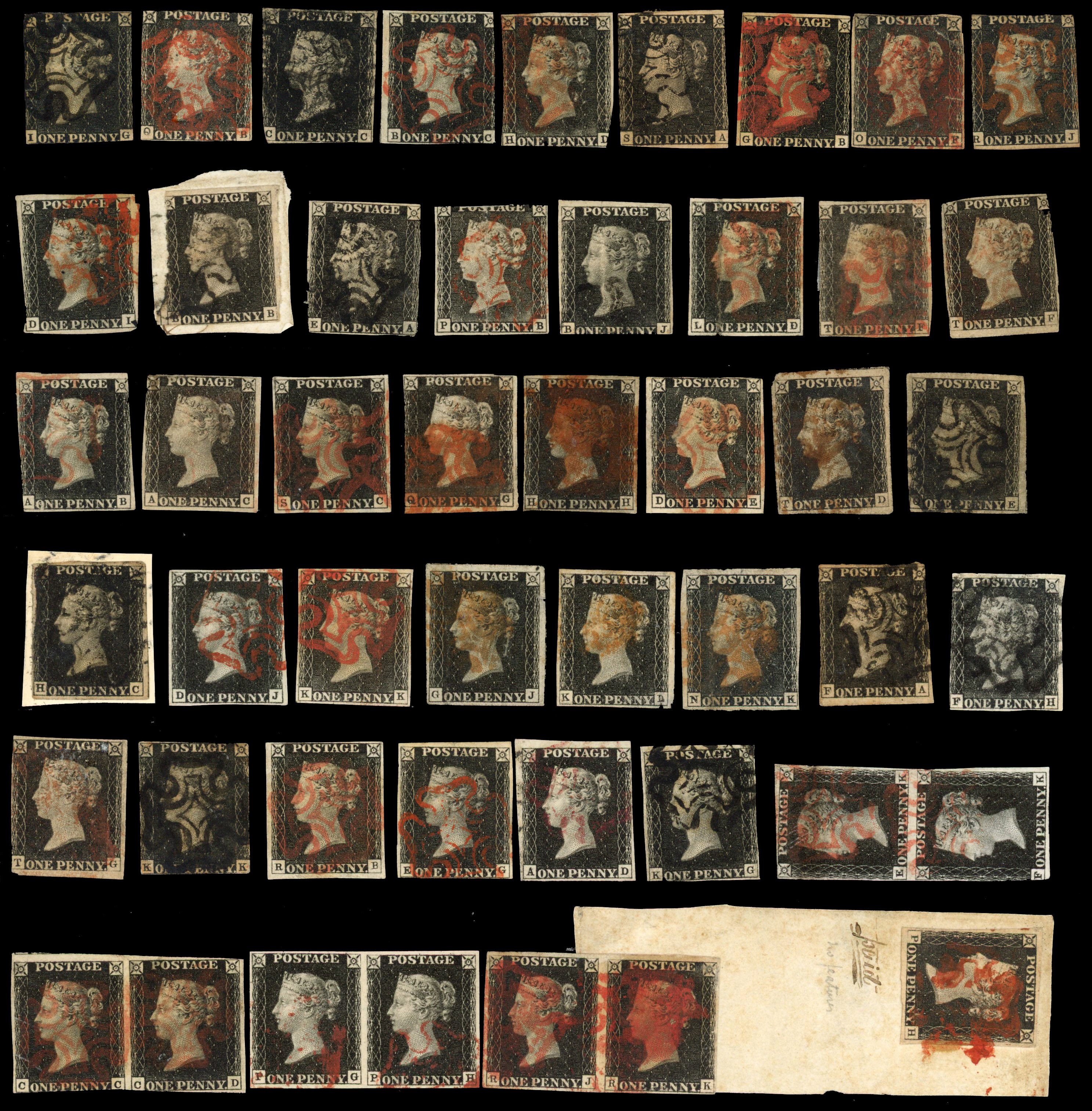 1840 1d black, fifty unplated stamps with five pairs, arranged on stockcards with no to four margins, cancelled
