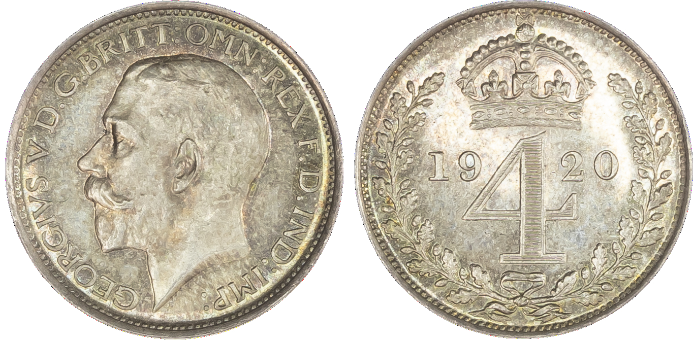 George V (1910‑36), Maundy set, 1920, first coinage [1911‑19], bare head of King left, with raised BM for Bertram Mackennal