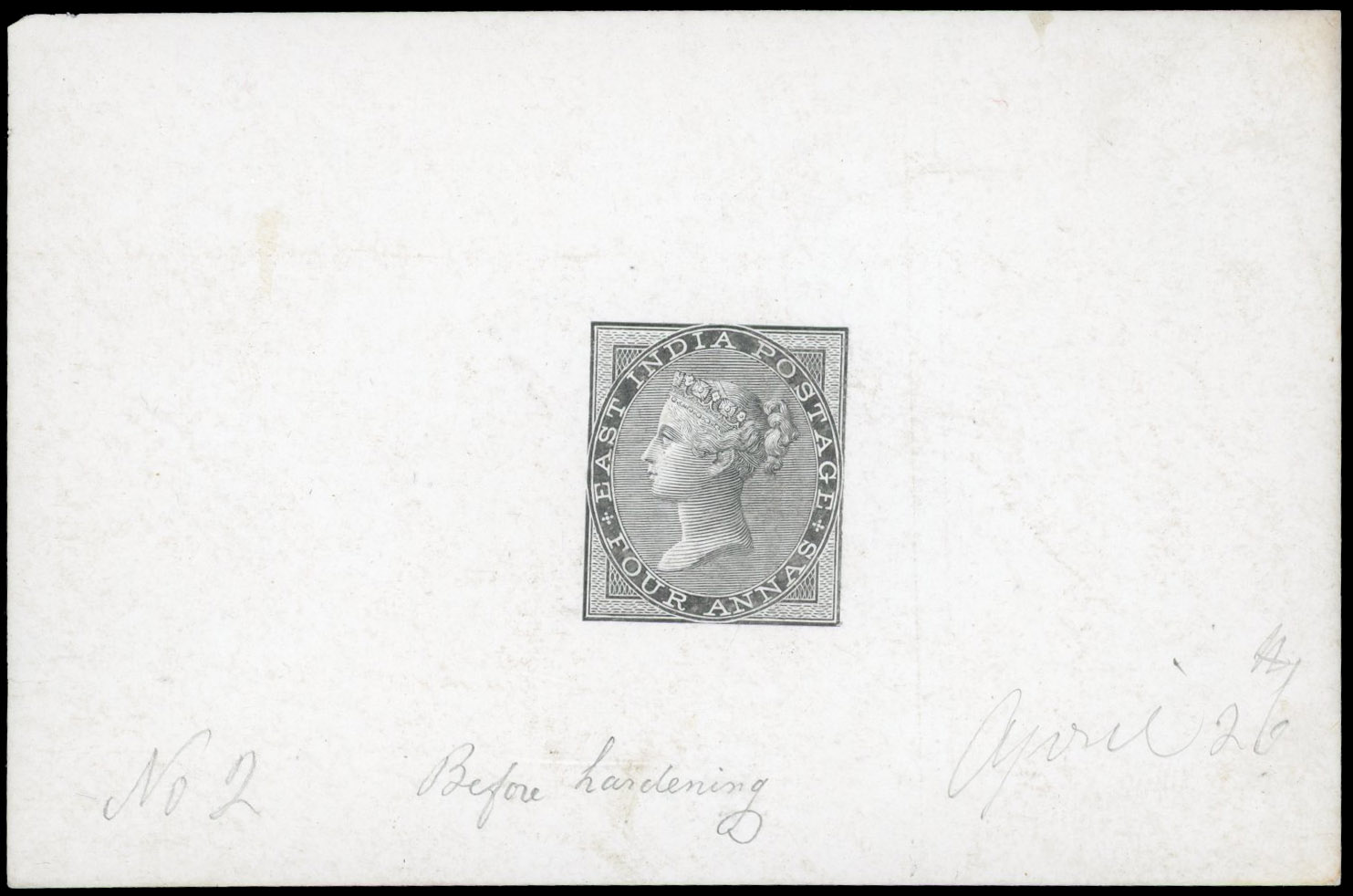India SG 35 1855 4a die proof in black on glazed card